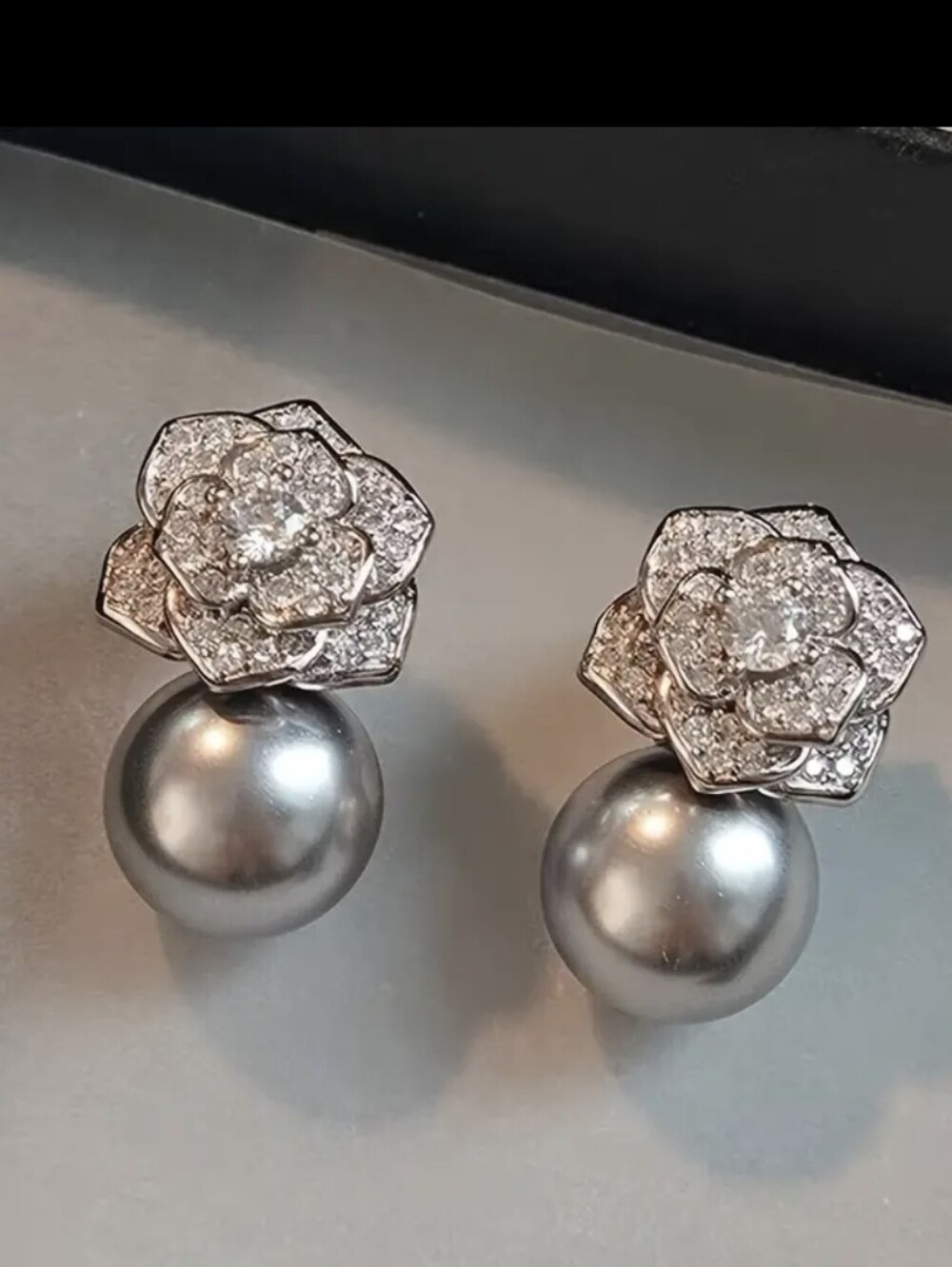 Stunning Silver Diamond Flower Round Gray Pearl Stud Earrings
